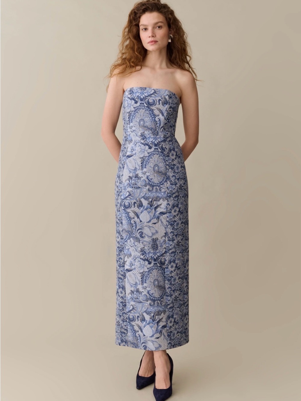 Strapless Blue Paisley Column Dress
